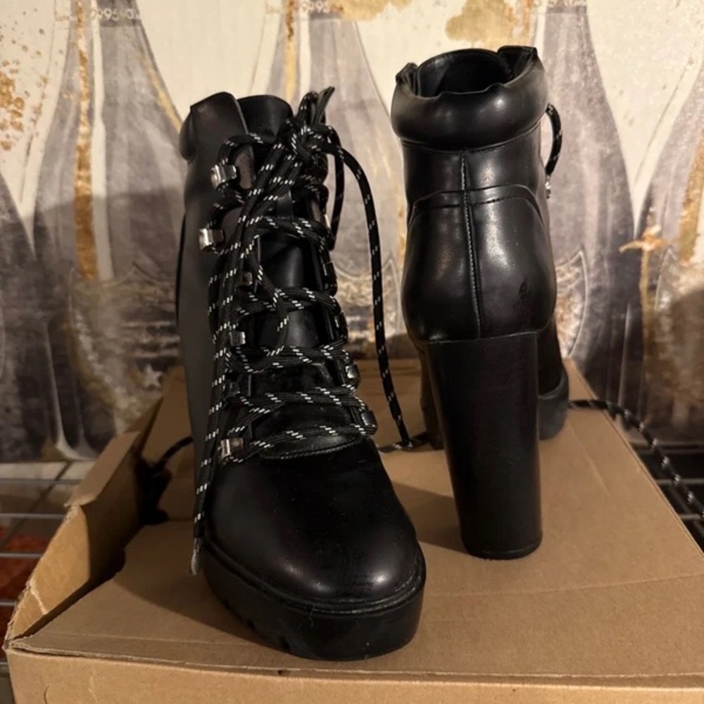 Zara Black Chunky Heeled Boots with Lace-Up